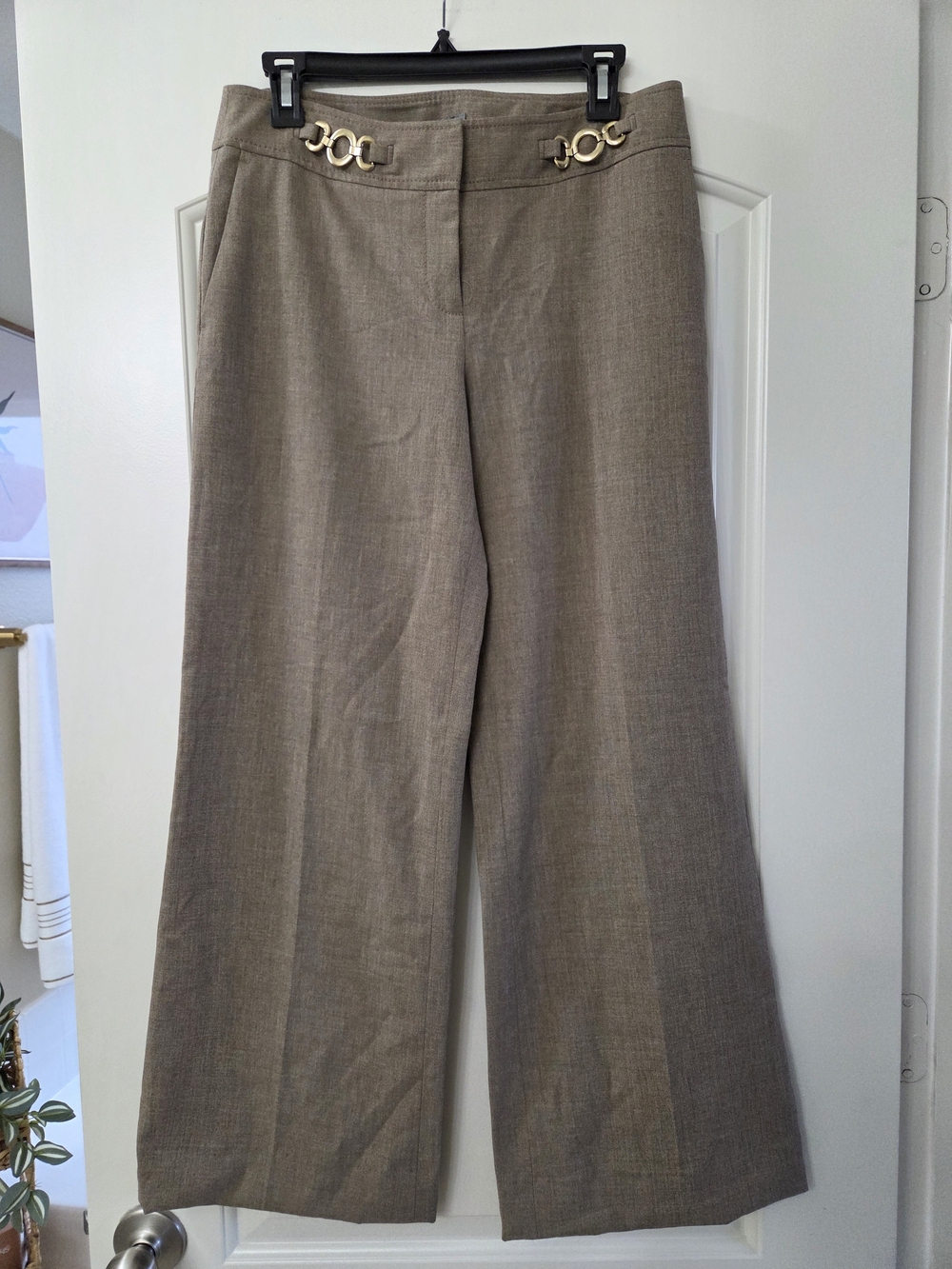 Ann Taylor Taupe Wide-Leg Dress Pants with Gold Accent